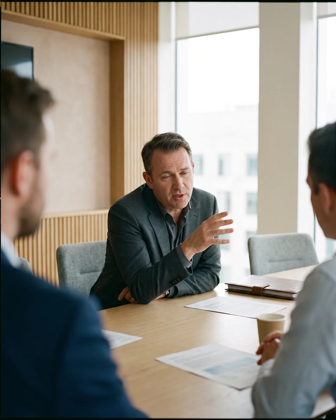 A senior CRO reviewing the work in a calm Edinburgh boardroom